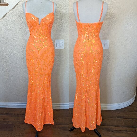 Neon Orange Sequined Formal Prom Evening Mermaid Dress 6 - Picture 2 of 4